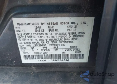 2005 Nissan Altima 2.5 S from USA, damaged, VIN 1N4AL11D85C264890